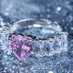 Pink Rose Crystal Silver Diamond Ring, Pink Lady Engagement Ring, Sweet Heart Diamond Ring, Sliver Plated Adjustable Stackable Princess Ring