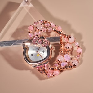 Cute Hello Kitty Wristwatch, Handmade Rose Quartz Watch, Kawaii Sanrio Watch with Pink Jade, Cartoon Anime Watch, Birthday Gift for Her