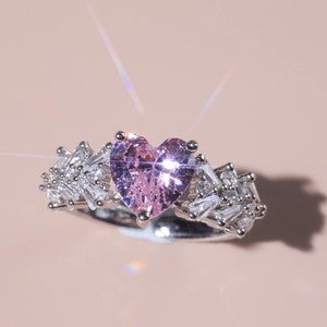 Pink Rose Crystal Silver Diamond Ring, Pink Lady Engagement Ring, Sweet Heart Diamond Ring, Sliver Plated Adjustable Stackable Princess Ring