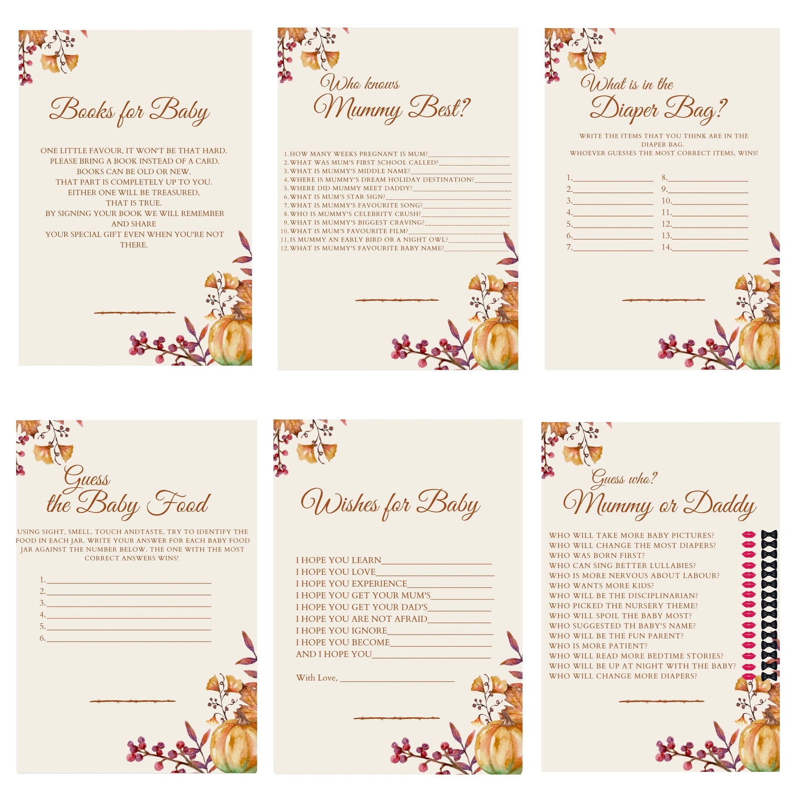12 Printable Baby Shower Games, Fall Theme, Autumn Theme, Little