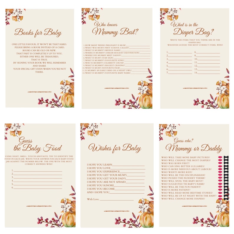 12 Printable Baby Shower Games, Fall Theme, Autumn Theme, Little ...