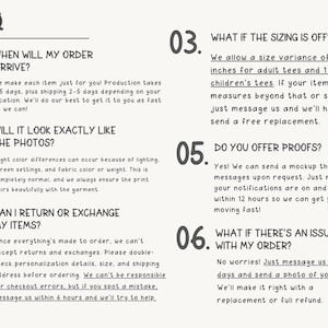 May include: A cream-colored graphic with the heading "FAQ" and numbered questions. The text addresses order arrival times, photo accuracy, returns, sizing, proofs, and order issues. The font is a handwritten style.