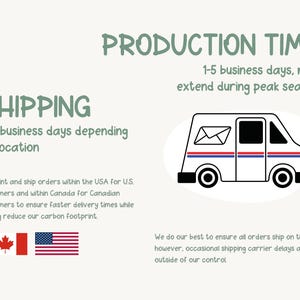 May include: Illustration with text about production and shipping times. A white delivery van with red and blue stripes is shown. The text states "Production Time" and "Shipping" with details about business days.