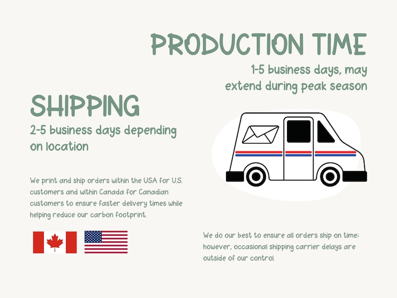 May include: Illustration with text about production and shipping times. A white delivery van with red and blue stripes is shown. The text states "Production Time" and "Shipping" with details about business days.