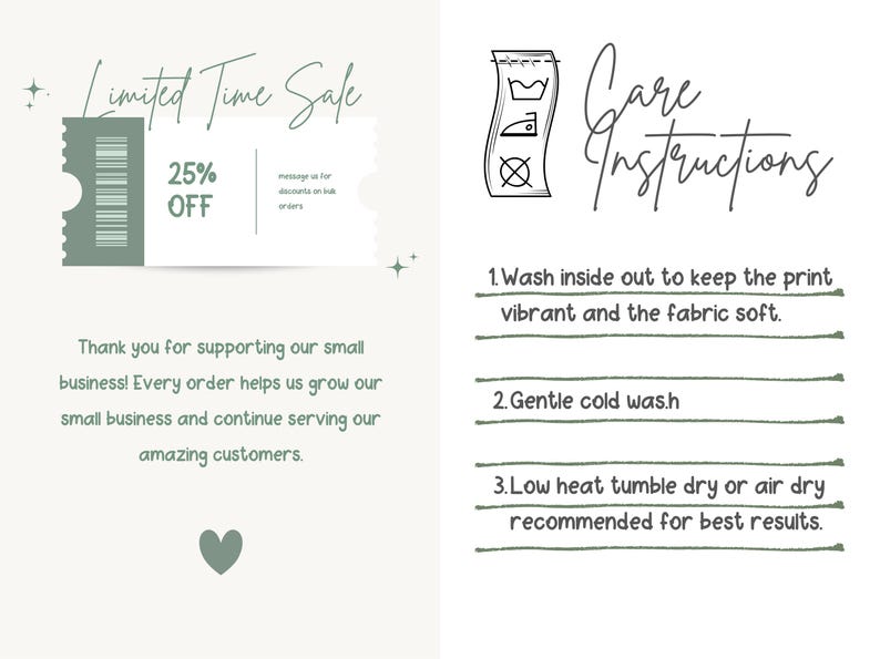 May include: A promotional graphic with text that reads "Limited Time Sale" and "25% OFF." It also includes care instructions for washing, including washing inside out, gentle cold wash, and low heat tumble dry.