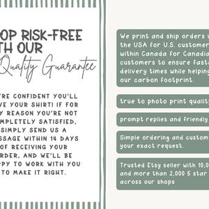May include: A promotional graphic with text on a white background, framed by green vertical stripes. Text includes "Shop Risk-Free With Our Quality Guarantee" and details about the shop's customer service and product quality.