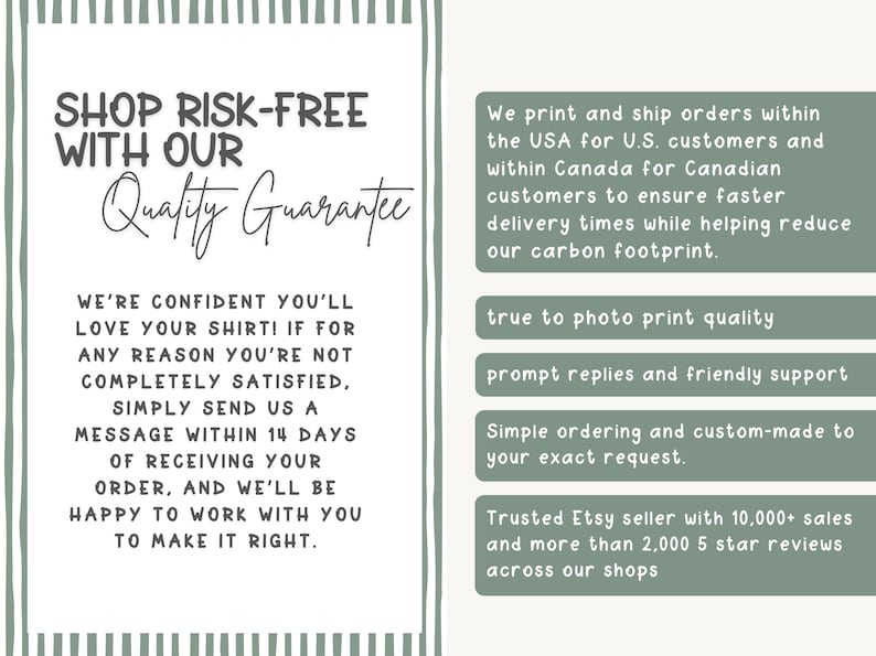 May include: A promotional graphic with text on a white background, framed by green vertical stripes. Text includes "Shop Risk-Free With Our Quality Guarantee" and details about the shop's customer service and product quality.