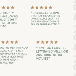 May include: A light beige background with four customer reviews and star ratings. The reviews are in a handwritten style font, praising the product's quality and the seller's service.