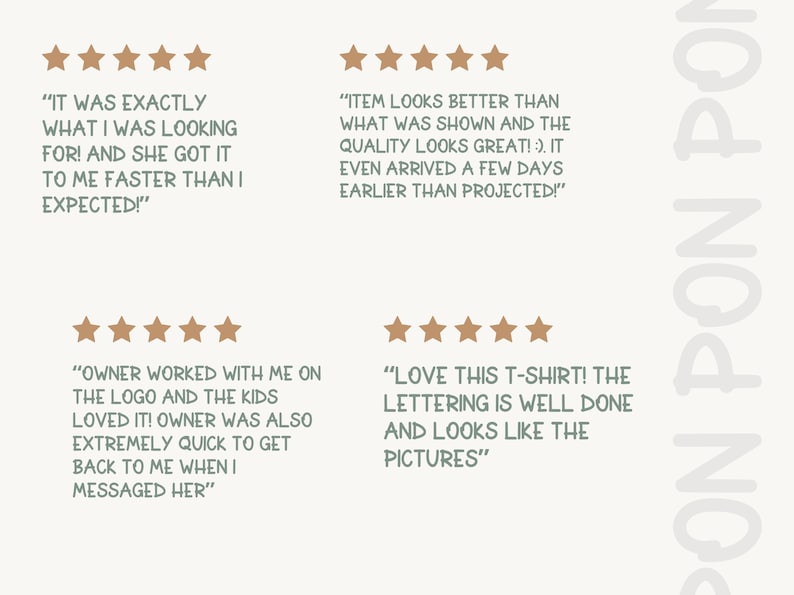 May include: A light beige background with four customer reviews and star ratings. The reviews are in a handwritten style font, praising the product's quality and the seller's service.