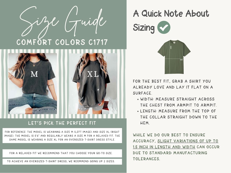 以下が含まれることがあります： 「Size Guide Comfort Colors C1717」のテキストが入ったサイズガイド。MとXLのシャツを着たモデルの画像が含まれています。テキストは、最適なフィット感を得るためにシャツを測定する方法を説明し、サイズバリエーションは最大3.8cmです。