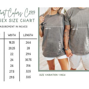 May include: A size chart for Comfort Colors C1717 unisex t-shirts, with measurements in inches. The chart includes sizes S to 4XL, with width and length dimensions. Two people are wearing gray t-shirts, demonstrating the fit.