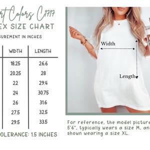以下が含まれることがあります： 白のユニセックスTシャツ。インチ単位のサイズチャート付き。サイズはSから4XLまであり、幅は46.35cmから74.93cm、長さは67.56cmから85.09cmです。モデルはXLサイズを着用しています。