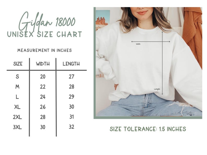 May include: White Gildan 18000 unisex sweatshirt with a size chart. The chart shows measurements in inches for sizes S to 3XL. The width ranges from 20 to 30 inches, and the length from 27 to 32 inches. Size tolerance is 1.5 inches.