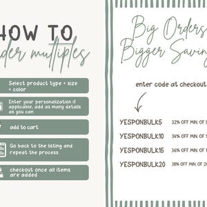 May include: A graphic with instructions on how to order multiples, including selecting product type, size, and color, adding personalization, and adding items to the cart. The image also advertises bulk order savings with discount codes.