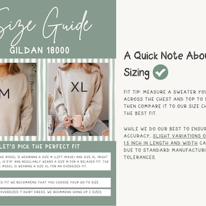 May include: Size guide graphic with the text "Size Guide" and "GILDAN 18000". Includes images of a person wearing a size M and XL sweatshirt. Text provides sizing tips and notes on fit. The model is 5'10".