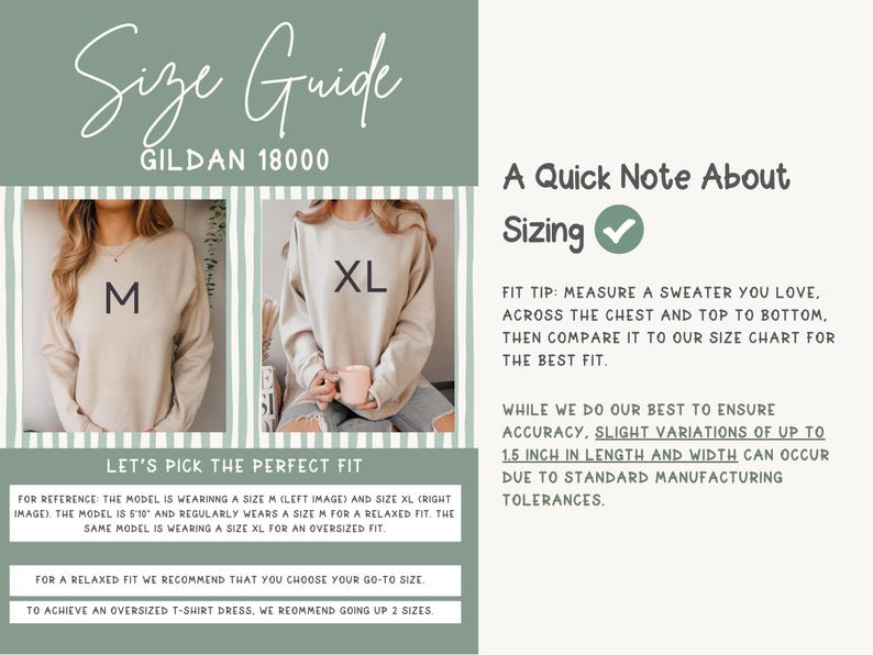 May include: Size guide graphic with the text "Size Guide" and "GILDAN 18000". Includes images of a person wearing a size M and XL sweatshirt. Text provides sizing tips and notes on fit. The model is 5'10".