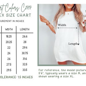 May include: White unisex t-shirt with a size chart in inches. The chart lists sizes S to 4XL, with width measurements from 18.25 to 29.5 inches and lengths from 26.6 to 33.5 inches. The model is wearing a size XL.