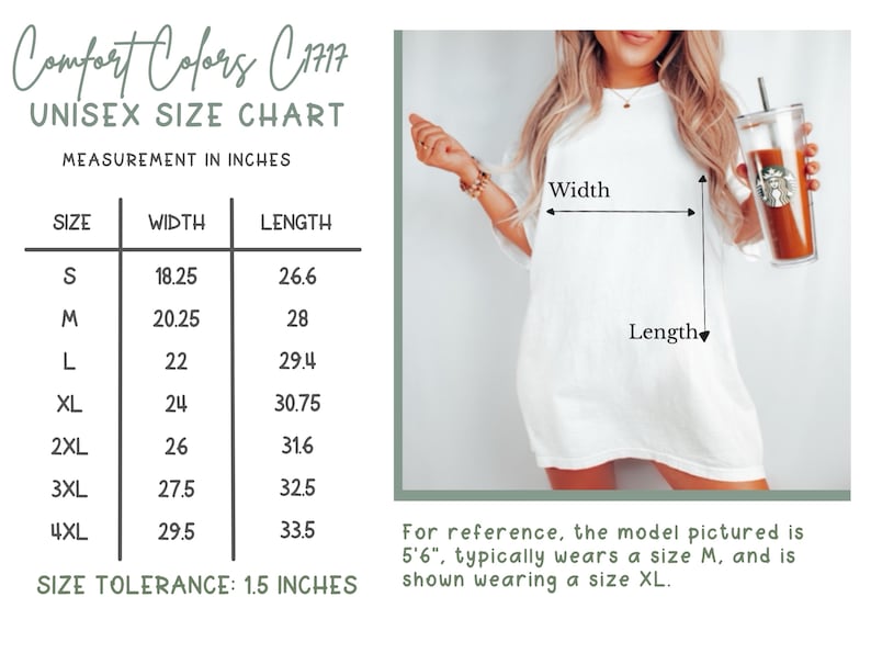 May include: White unisex t-shirt with a size chart in inches. The chart lists sizes S to 4XL, with width measurements from 18.25 to 29.5 inches and lengths from 26.6 to 33.5 inches. The model is wearing a size XL.