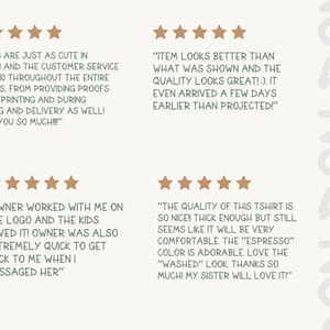 May include: A light beige background with customer reviews and star ratings. The reviews are in a handwritten style font and discuss the quality of the shirts, customer service, and the design process.