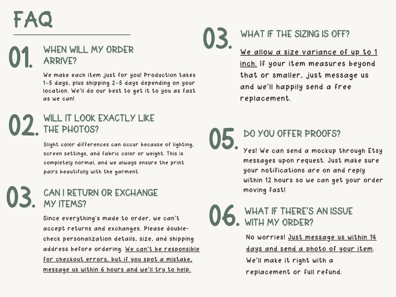 May include: A FAQ sheet with headings in a handwritten style. The text includes information about order arrival times, sizing, returns, proofs, and order issues. The background is a light beige color with dark green text.