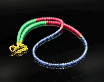 Collana con perline di pietre preziose multiple: smeraldo, rubino, zaffiro, perline sfaccettate da 3 mm