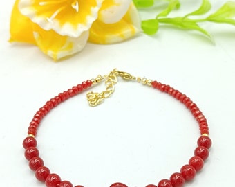 Handmade Red Coral Beaded Bracelet: Gemstone Rondelle Beads