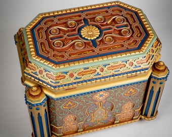 Hand-carved moroccan chest-Hand painted chest-Intricate wood carving-Tribal wooden chest