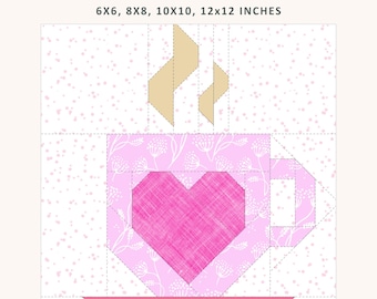 Coffee Cup Quilt Block Pattern, 4 Sizes Included, FPP, Foundation Paper Piecing Pattern, PDF