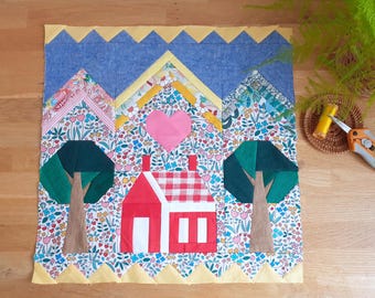House Trees Quilt Block Pattern, 16 inch, Paper Piecing (PDF)