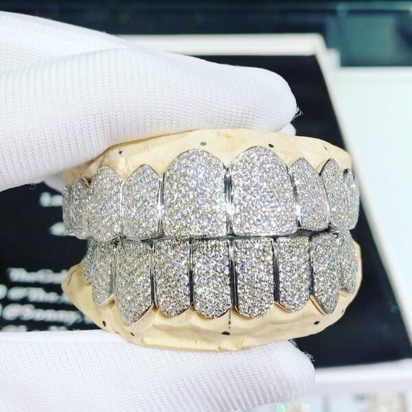 Iced Out VVS Moissanite Diamond Grillz, Sterling Silver, 10k, 14k, And 18K Gold 10 Top and Bottom Moissanite Diamond Grillz by RAPPORIUM