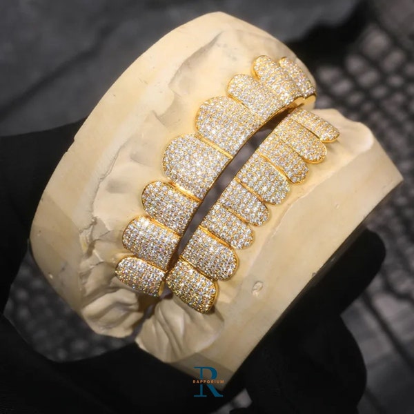 Custom Bustdown Fully Ice Grillz with Hand Set Sterling Silver, Rose High Polish Finish Moissanite Diamond Grillz by RAPPORIUM
