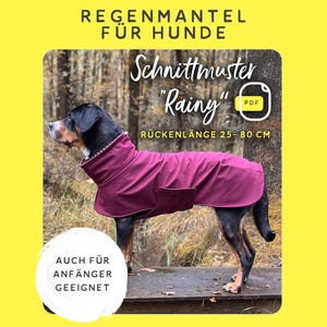 Puede incluir: Un perro con un impermeable magenta con un bolsillo. El abrigo está diseñado para perros con una longitud de espalda de 25-80 cm. El texto de la imagen dice "Rainy" y "También apto para principiantes."