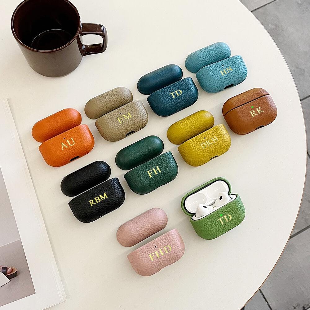 Custodia in vera pelle premium con monogramma, custodia in vera pelle personalizzata per AirPods 1,2,3,4 e Pro 1, 2, custodia per AirPods con incisione personalizzata