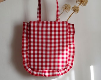 Gingham Totebag/Cotton Totebag/Bolso de mano con volantes hecho a mano/ Bolso de mano con volantes/Tote con volantes sostenible