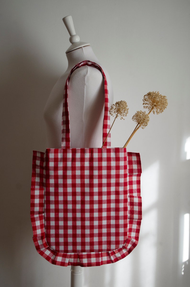 Gingham Totebag/Cotton Totebag/Bolso de mano con volantes hecho a mano/ Bolso de mano con volantes/Tote con volantes sostenible imagen 5