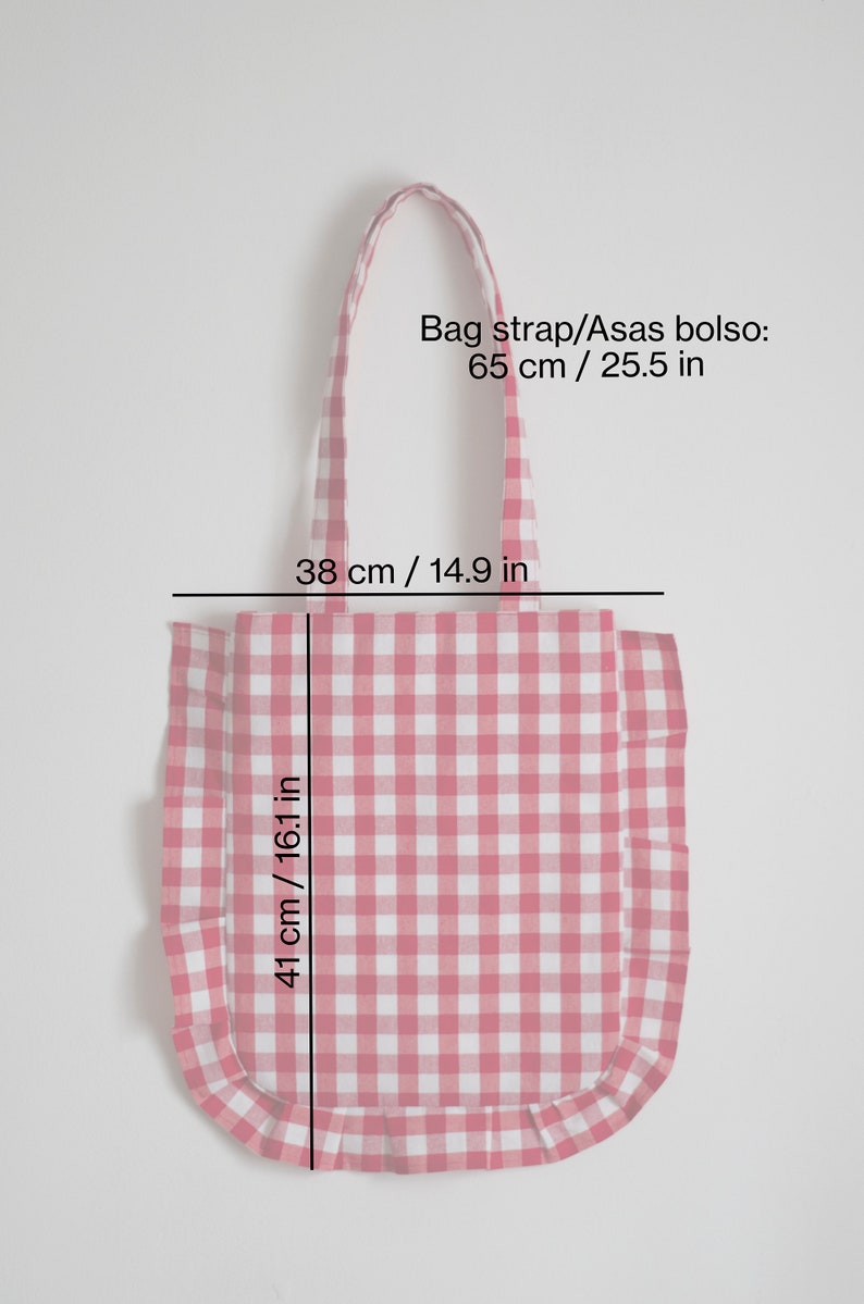 Gingham Totebag/Cotton Totebag/Bolso de mano con volantes hecho a mano/ Bolso de mano con volantes/Tote con volantes sostenible imagen 9