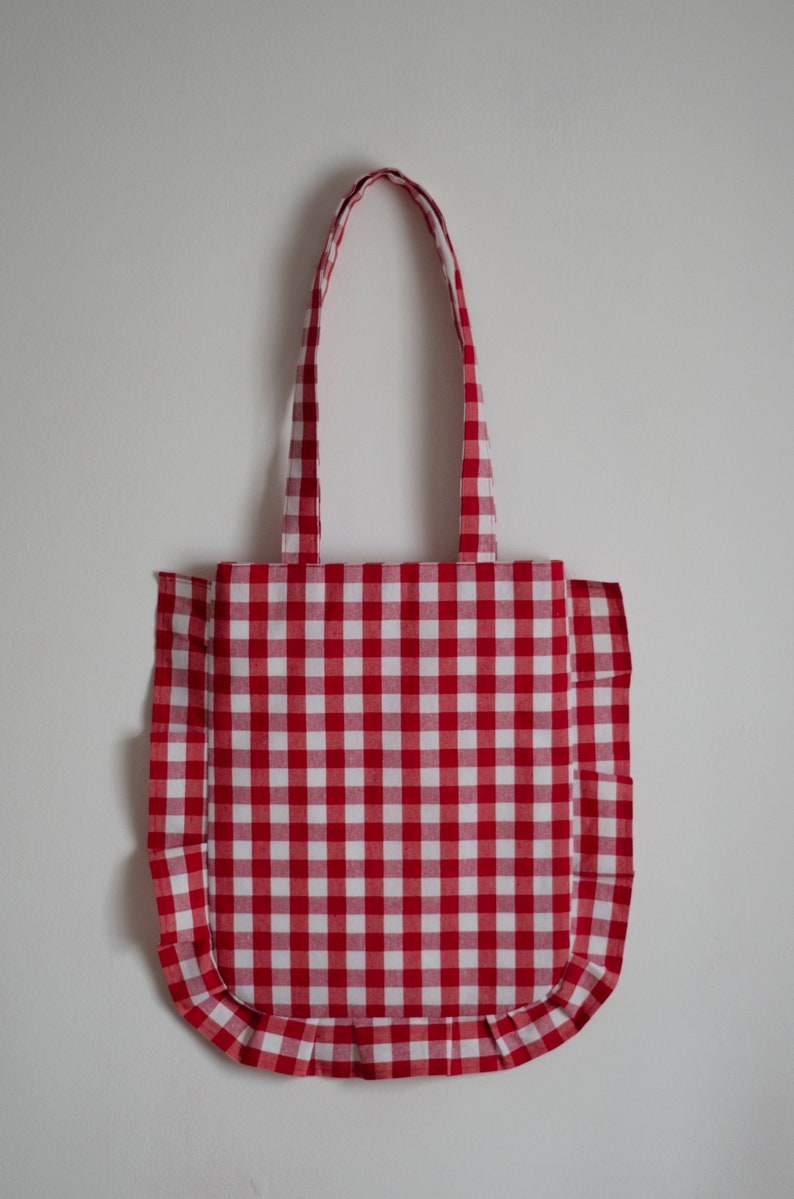 Gingham Totebag/Cotton Totebag/Bolso de mano con volantes hecho a mano/ Bolso de mano con volantes/Tote con volantes sostenible imagen 6