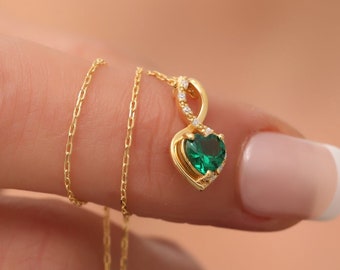 Emerald Infinity Heart Necklace with Real Diamonds, 14K Solid Gold, Perfect Gift for Mother's Day - Girlfriend - Wife