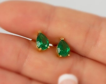 Drop Cut Stud Emerald Earrings Elegant 14K Solid Gold, May Birthstone Earrings, Perfect Gift for Mother's Day - Girlfriend - Wife