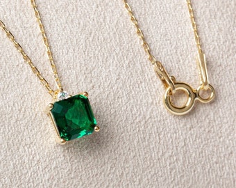 Square Emerald Real Diamond 14K Solid Gold Necklace, Solitaire Birthstone Necklace, Perfect Gift for Mother's Day - Girlfriend - Wife