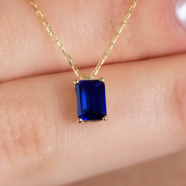 Sapphire Rechteck Halskette 14K Massiv Gold, Birthstone Halskette, Perfektes Geschenk für Muttertag - Freundin - Frau