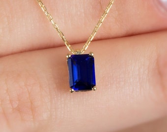 Sapphire Rectangle Necklace 14K Solid Gold, Birthstone Necklace, September Jewelry, Perfect Gift for Christmas or Mom, Valentine&#39;s Day Gift
