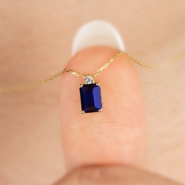 Real Diamond Rectangle Sapphire Necklace 14K Solid Gold, Solitaire Minimalist September Birthstone Necklace, Gift for Mother's Day - Wife