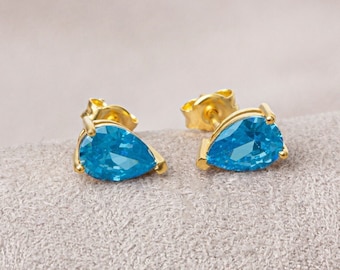 Drop Cut Blue Topaz Earrings 14K Solid Gold, Teardrop December Birthstone Jewelery, Perfect Gift for Christmas, Birthdays and Anniversary
