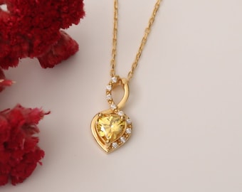 14K Solid Gold Yellow Topaz Heart Necklace with Real Diamonds - November Birthstone Pendant