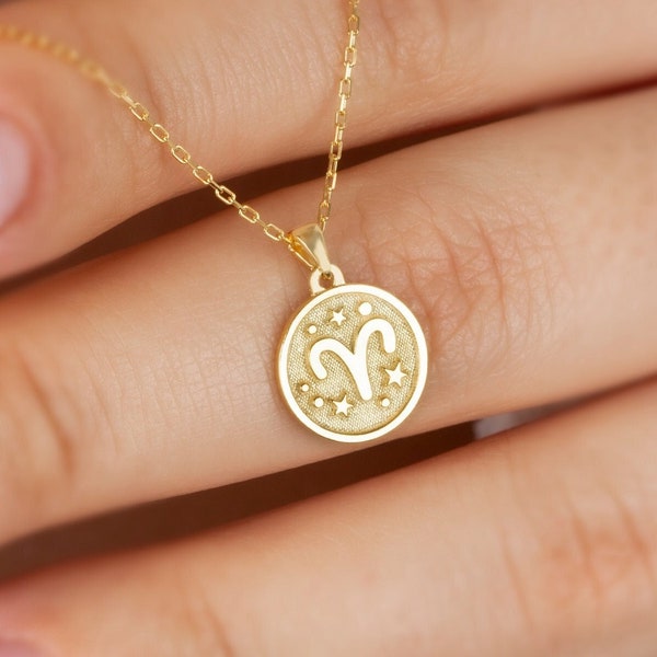Aries Sign Necklace 14k Solid Gold, Horoscope Zodiac Sign Minimalist Pendant, Perfect Gift for Mother's Day - Girlfriend - Wife