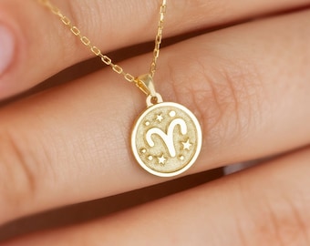 Aries Zodiac Sign Necklace, Minimalist Horoscope Pendant, 14K10K 8K Solid Gold