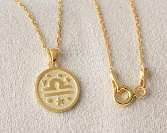 Libra Zodiac Necklace, Minimalist Horoscope Pendant, 14K 10K 8K Solid Gold