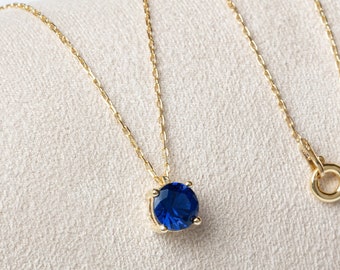 Round Sapphire Necklace 14K Solid Gold, October Birthstone Jewelry, Dainty Gift for Mother&#39;s Day or Wife, Christmas and Anniversary Gift
