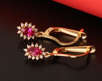Ruby Oval 8K 10K 14K Solid Gold Dangle Earrings with Real Diamond Halo, July Birthstone Earring